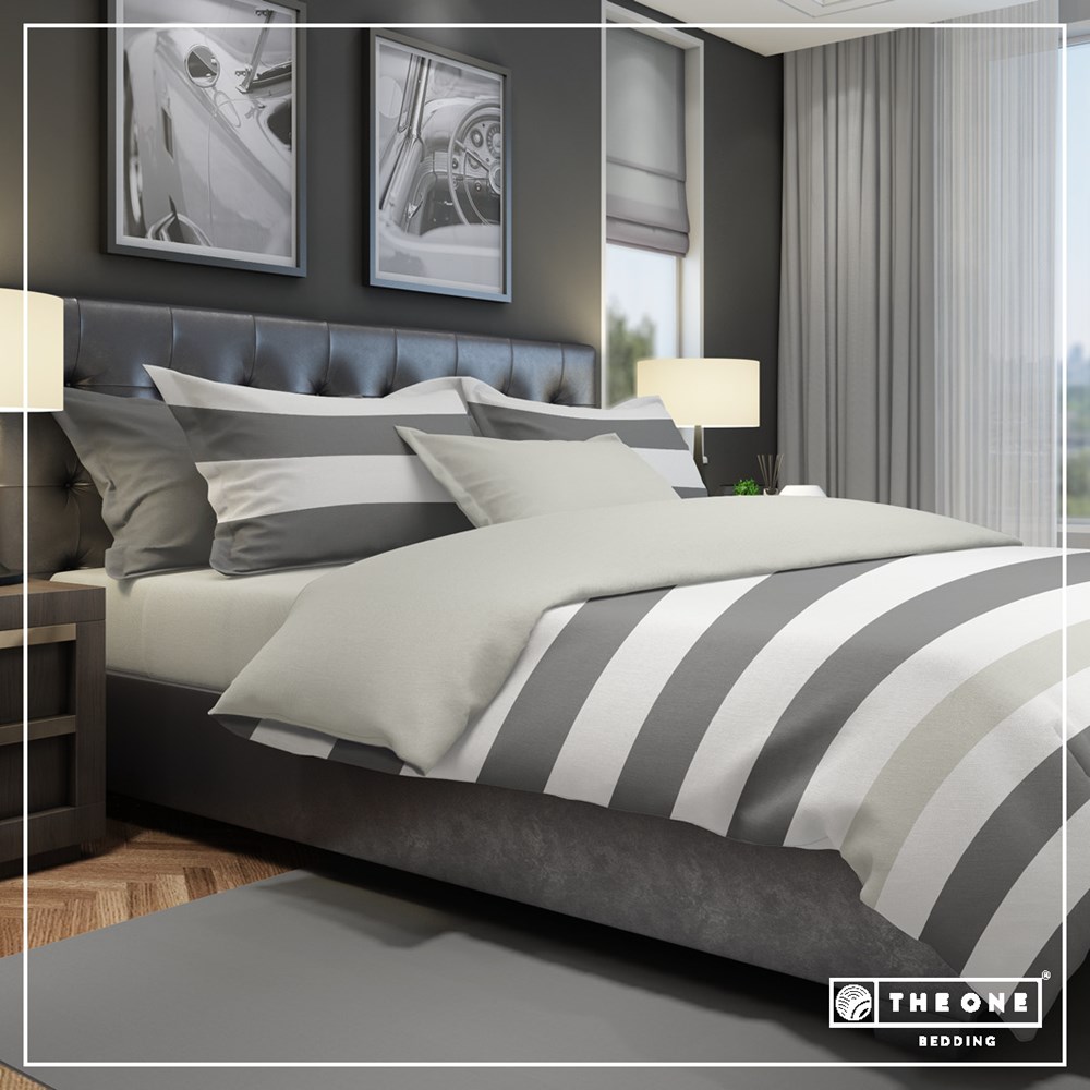 Bedset Stripe Kingsize bedden - Donkergrijs / Lichtgrijs