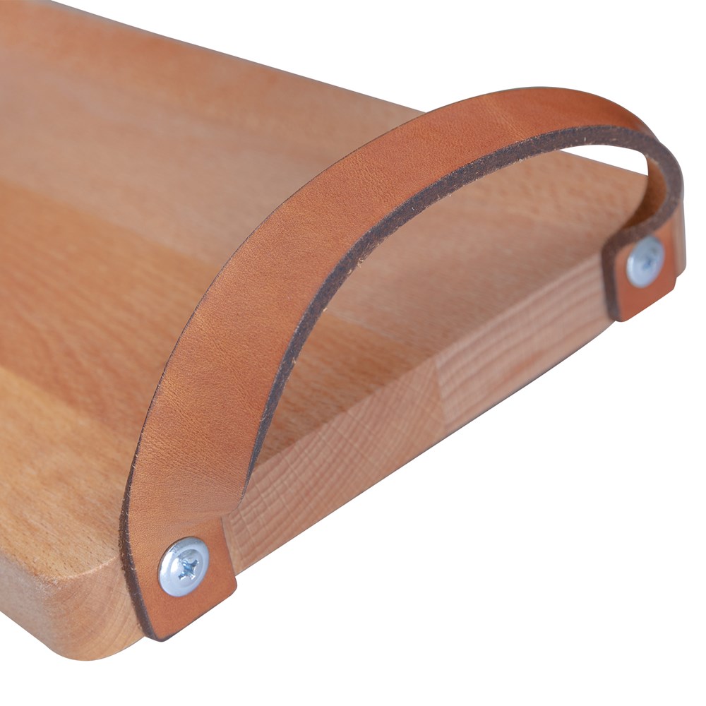 Plank met leren handvaten beuken 48x17 cm